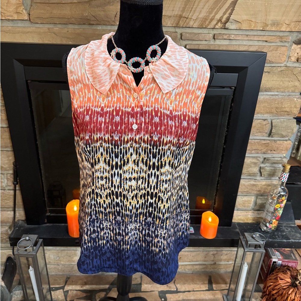 Cabi Blouse, multi-color Ombre, sleeveless with Peter Pan collar, sz small